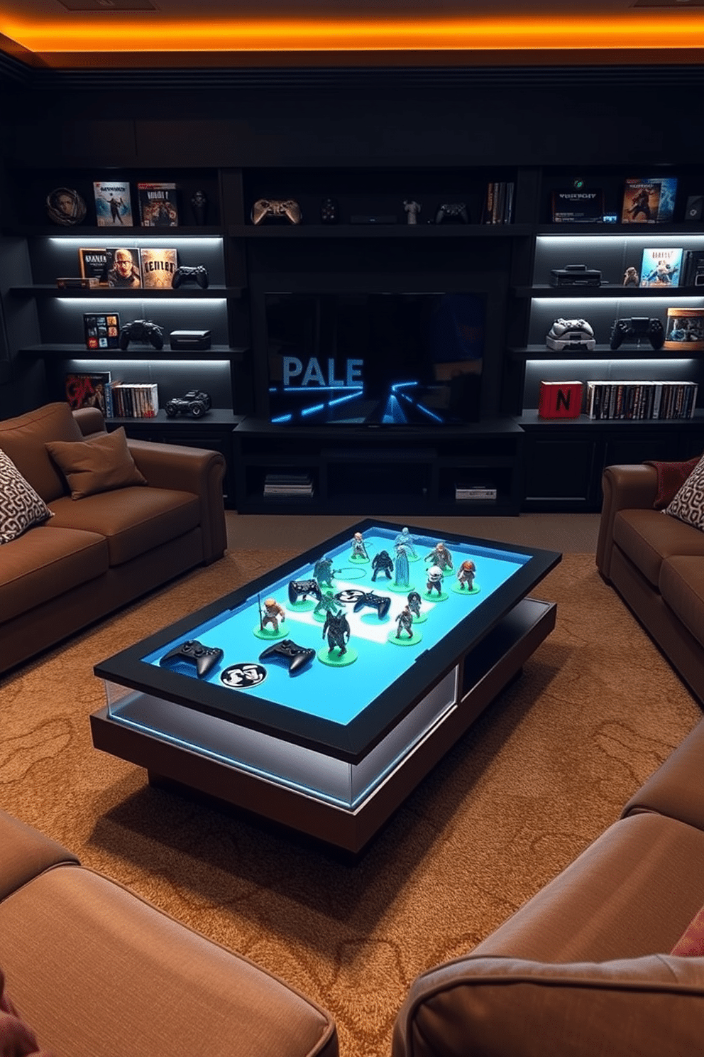 A sleek coffee table centerpiece designed for a gaming enthusiast features a custom LED-lit display showcasing collectible figures from popular video games. Surrounding the centerpiece, stylish coasters and a set of themed game controllers add to the immersive gaming atmosphere. The gaming man cave is designed with a dark color palette, featuring plush seating arranged around a large screen for an optimal viewing experience. Wall-mounted shelves display an array of gaming memorabilia, while ambient lighting creates a cozy yet high-energy vibe perfect for gaming sessions with friends.