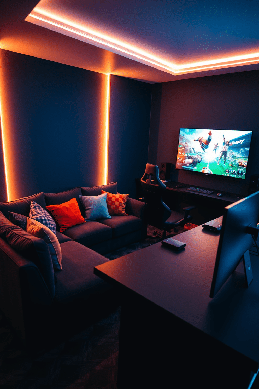 A cozy gaming nook with soft lighting features a plush sectional sofa adorned with colorful throw pillows. The walls are painted in a deep navy blue, and a large, wall-mounted screen displays the latest video game graphics. In one corner, a stylish gaming chair sits at a sleek, modern desk equipped with high-end gaming peripherals. Ambient LED strip lights illuminate the space, creating a warm and inviting atmosphere perfect for long gaming sessions.