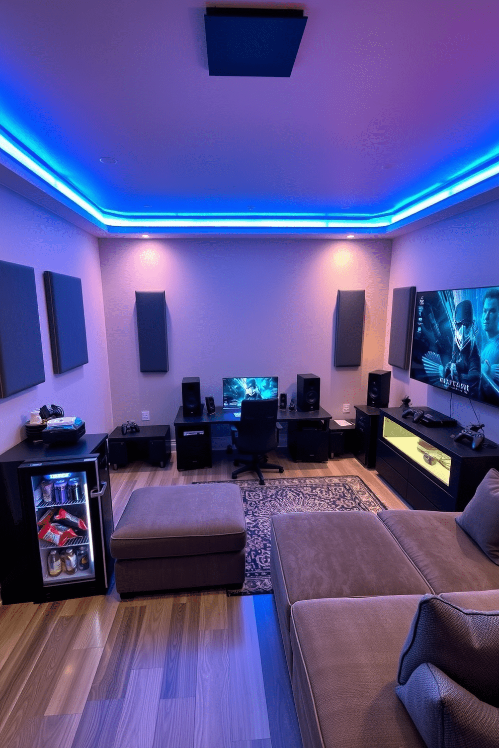 A cozy gaming man cave with adjustable mood lighting that shifts from bright to dim, creating an immersive atmosphere for different gaming experiences. The room features a large sectional sofa, a sleek gaming desk, and wall-mounted LED strips that change colors based on the game being played. In one corner, a mini-fridge stocked with snacks and drinks complements the setup, while soundproofing panels on the walls enhance audio quality. A large flat-screen TV is mounted above a stylish entertainment unit, showcasing a collection of gaming consoles and accessories.