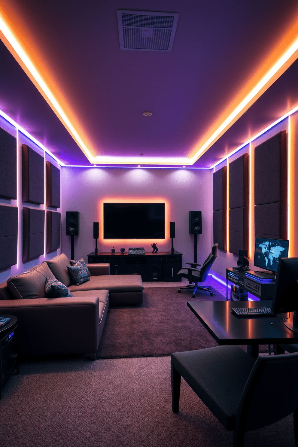 A modern gaming man cave featuring sound-absorbing acoustic panels on the walls to enhance sound quality. The space is illuminated with LED strip lights, creating a vibrant atmosphere perfect for immersive gaming experiences. The room includes a large, plush sectional sofa facing a wall-mounted flat-screen TV. A sleek gaming desk with high-end equipment sits in one corner, complemented by stylish decor and gaming memorabilia throughout the space.