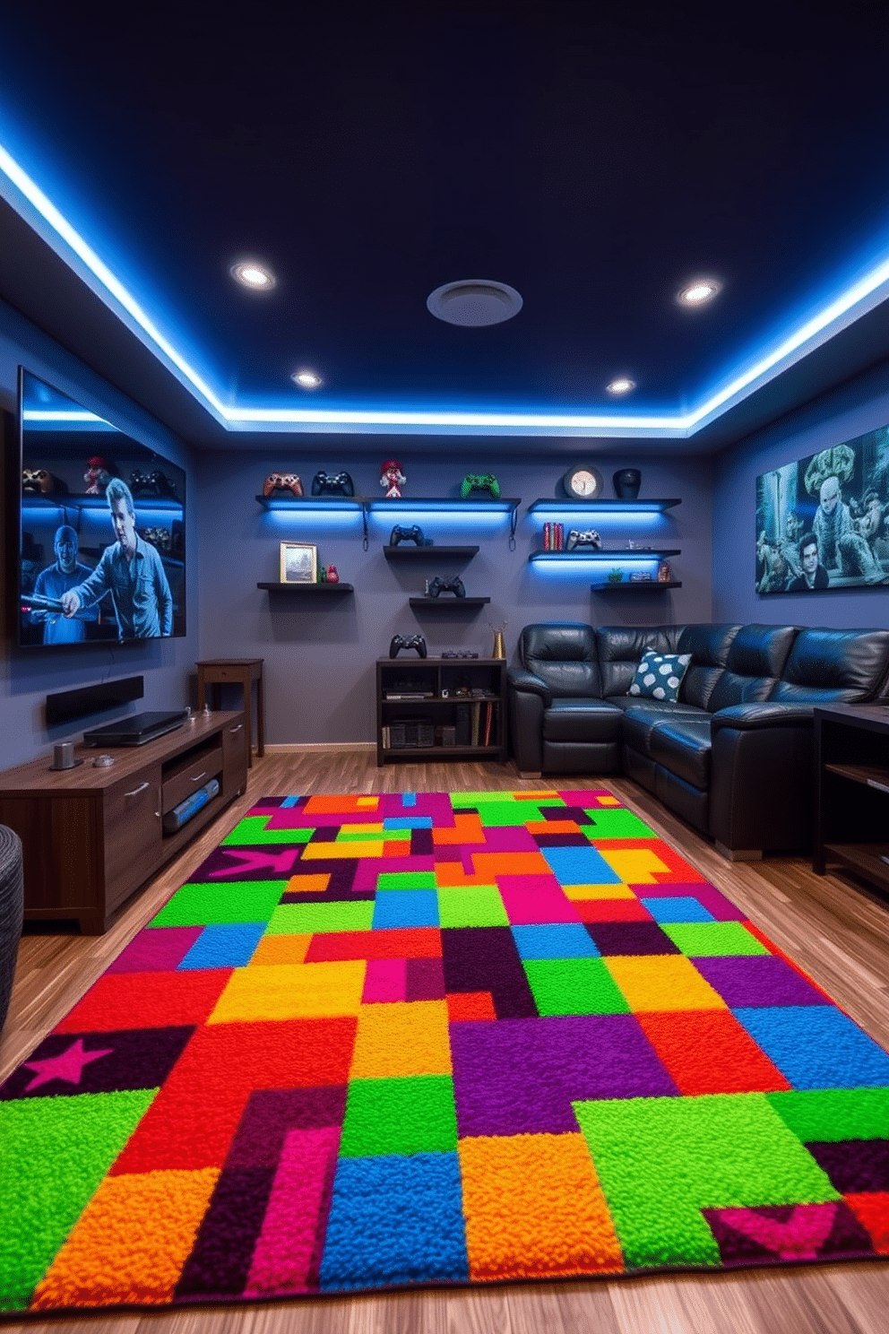 A vibrant gaming-themed area rug features a pixelated design reminiscent of classic video games, incorporating bright colors like neon green, blue, and orange. The soft texture provides comfort underfoot, making it ideal for long gaming sessions. The gaming man cave is designed with a cozy sectional sofa in dark leather, complemented by a large flat-screen TV mounted on the wall. Ambient LED lighting casts a soft glow, enhancing the gaming experience while showcasing collectible memorabilia displayed on shelves.