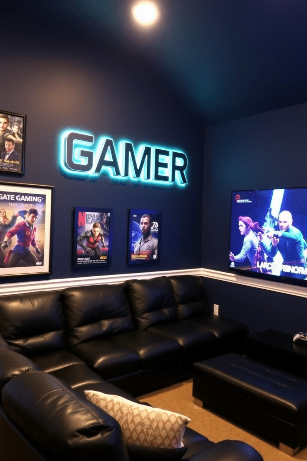 A personalized gamer name signage is prominently displayed on the wall, crafted in sleek, modern lettering that lights up with LED accents. Surrounding the signage, the walls are painted in a deep navy blue, complemented by framed posters of favorite games and characters. The gaming man cave features a plush sectional sofa in dark leather, perfect for long gaming sessions. A large, wall-mounted screen dominates one side of the room, with ambient lighting that sets the mood for immersive gameplay.