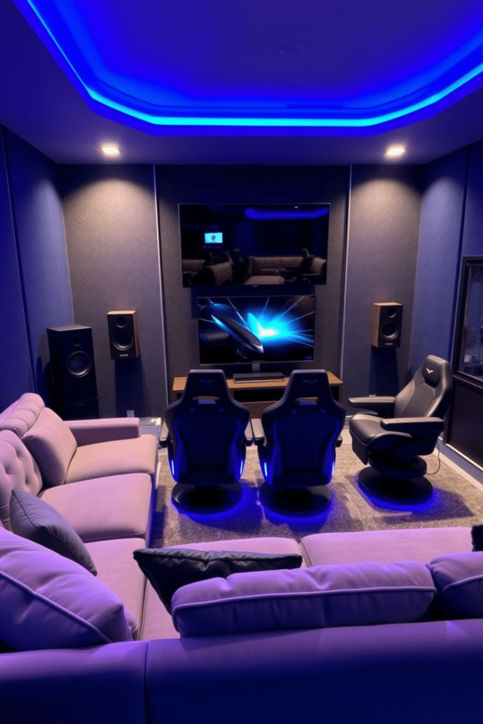 A modern gaming man cave featuring smart home integration for ultimate convenience. The room includes a plush sectional sofa with built-in speakers and ambient LED lighting that can be controlled via a smartphone app. The walls are adorned with soundproof panels in deep blue, creating an immersive gaming atmosphere. A large flat-screen TV is mounted above a sleek gaming console station, with comfortable gaming chairs positioned for the best view.