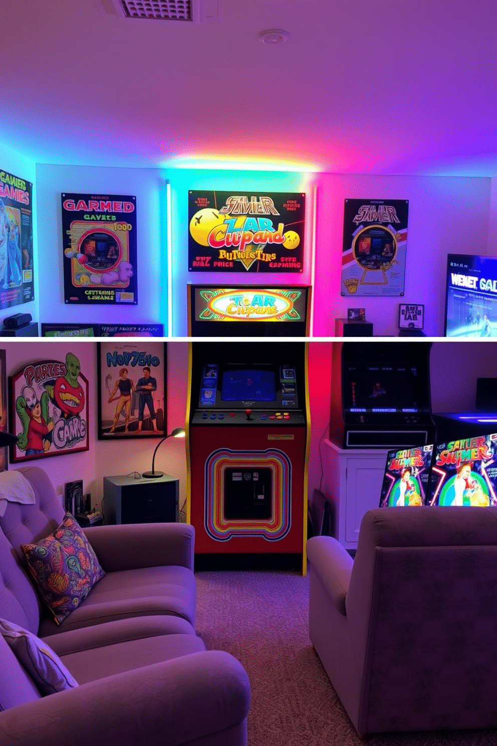 A vintage arcade cabinet restoration project featuring a classic design with vibrant colors and retro graphics. The cabinet is surrounded by original arcade game posters and neon lights, creating a nostalgic atmosphere. For the gaming man cave design, envision a cozy space with plush seating and custom shelving for game consoles and collectibles. The walls are adorned with gaming art, and a large screen is mounted for immersive gameplay, complemented by ambient LED lighting.