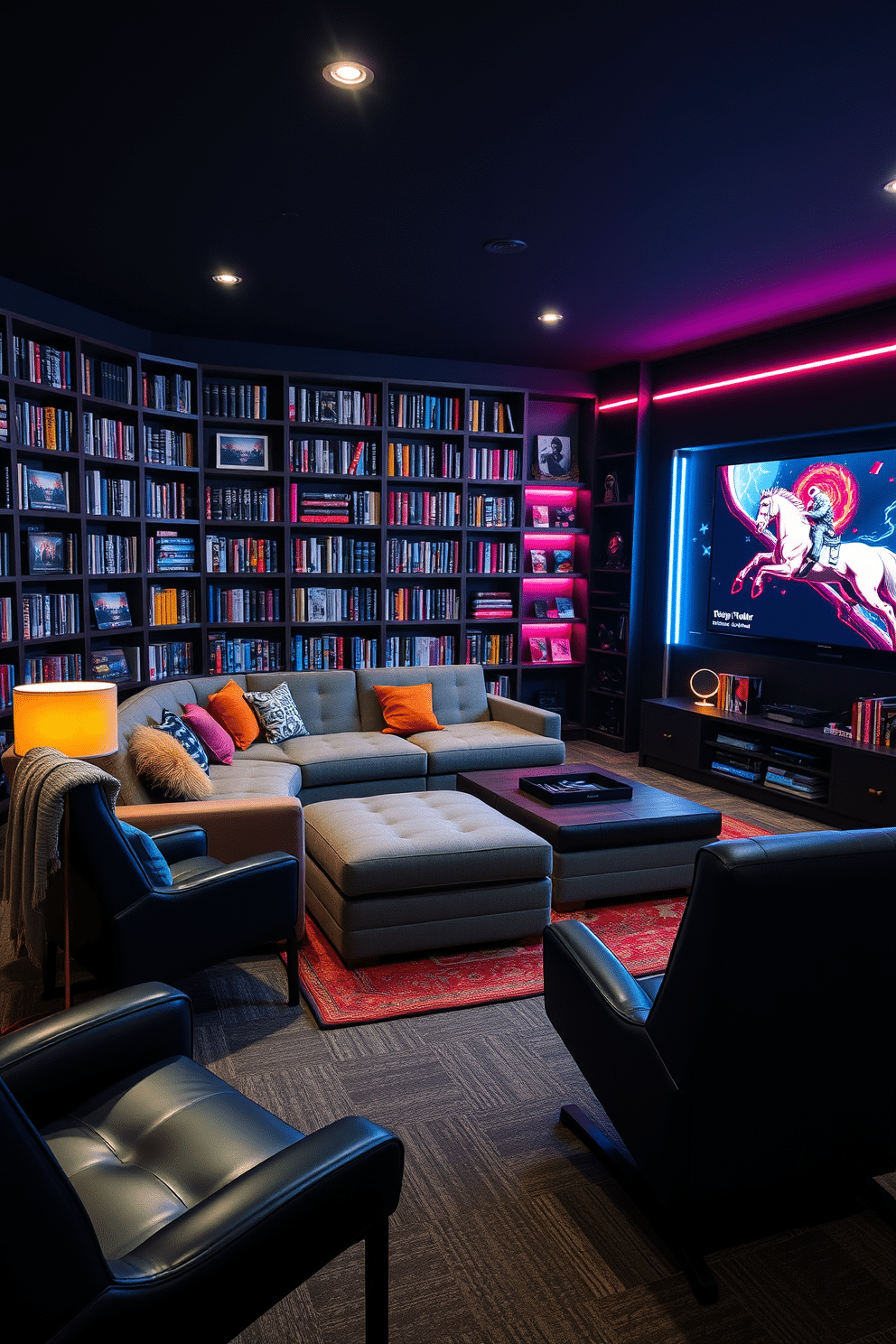 A gaming library with a cozy reading nook features a large, plush sectional sofa adorned with colorful throw pillows, positioned near a floor-to-ceiling bookshelf filled with games and novels. The nook includes a stylish armchair with a soft blanket draped over it, next to a sleek side table holding a warm lamp, creating an inviting atmosphere for relaxation. The gaming man cave is designed with a dark, moody color palette, showcasing a large wall-mounted screen for gaming and movie nights. Comfortable gaming chairs surround a custom-built entertainment center, while neon lights and gaming memorabilia add personality and flair to the space.