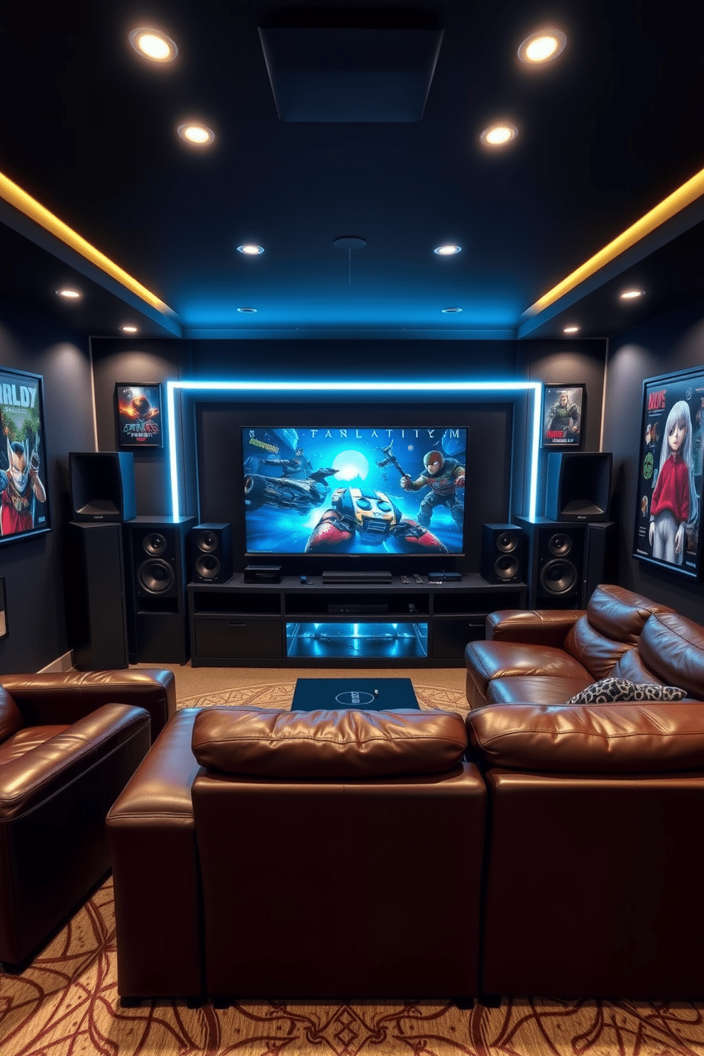 A classic game soundtrack speakers setup features a sleek, modern entertainment center with built-in LED lighting. Surrounding the center are high-quality speakers strategically placed for optimal sound, complemented by plush seating in rich leather. The gaming man cave design includes dark walls adorned with framed posters of iconic video games. A large, comfortable sectional sofa faces a massive flat-screen TV, while ambient lighting creates an inviting atmosphere for late-night gaming sessions.