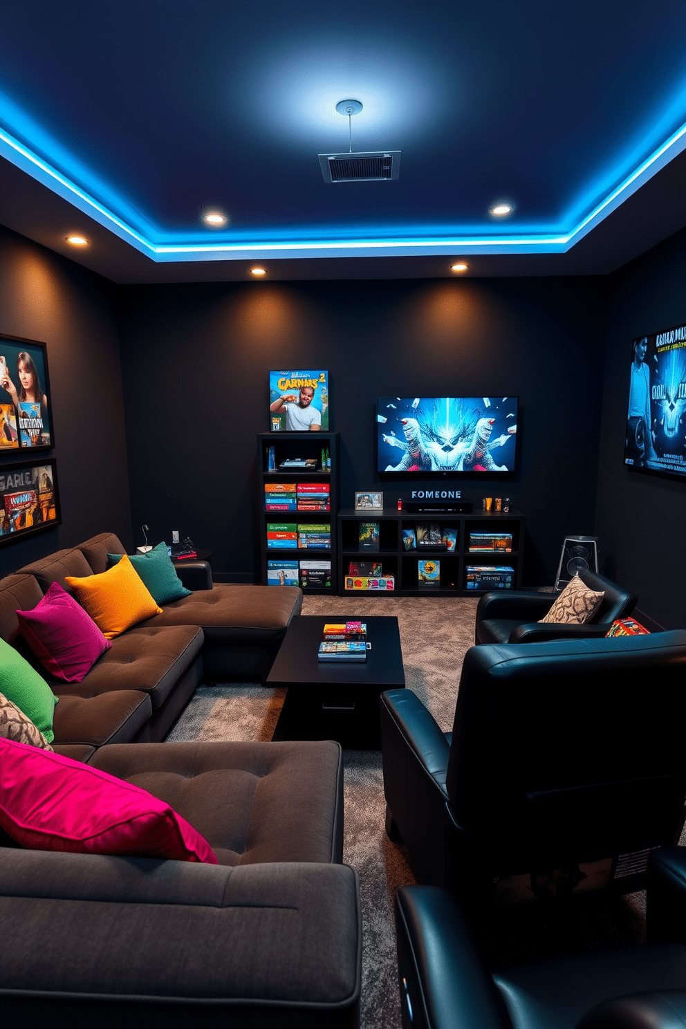 A cozy board game corner features a plush sectional sofa adorned with colorful throw pillows, inviting friends and family to gather for game nights. A sleek coffee table sits at the center, surrounded by a mix of vintage and modern board games displayed on a stylish shelf nearby. The gaming man cave is designed with a dark, moody aesthetic, featuring comfortable recliners and ambient lighting for an immersive experience. A large flat-screen TV is mounted on the wall, complemented by soundproofing panels and themed decor that reflects the owner's favorite games.