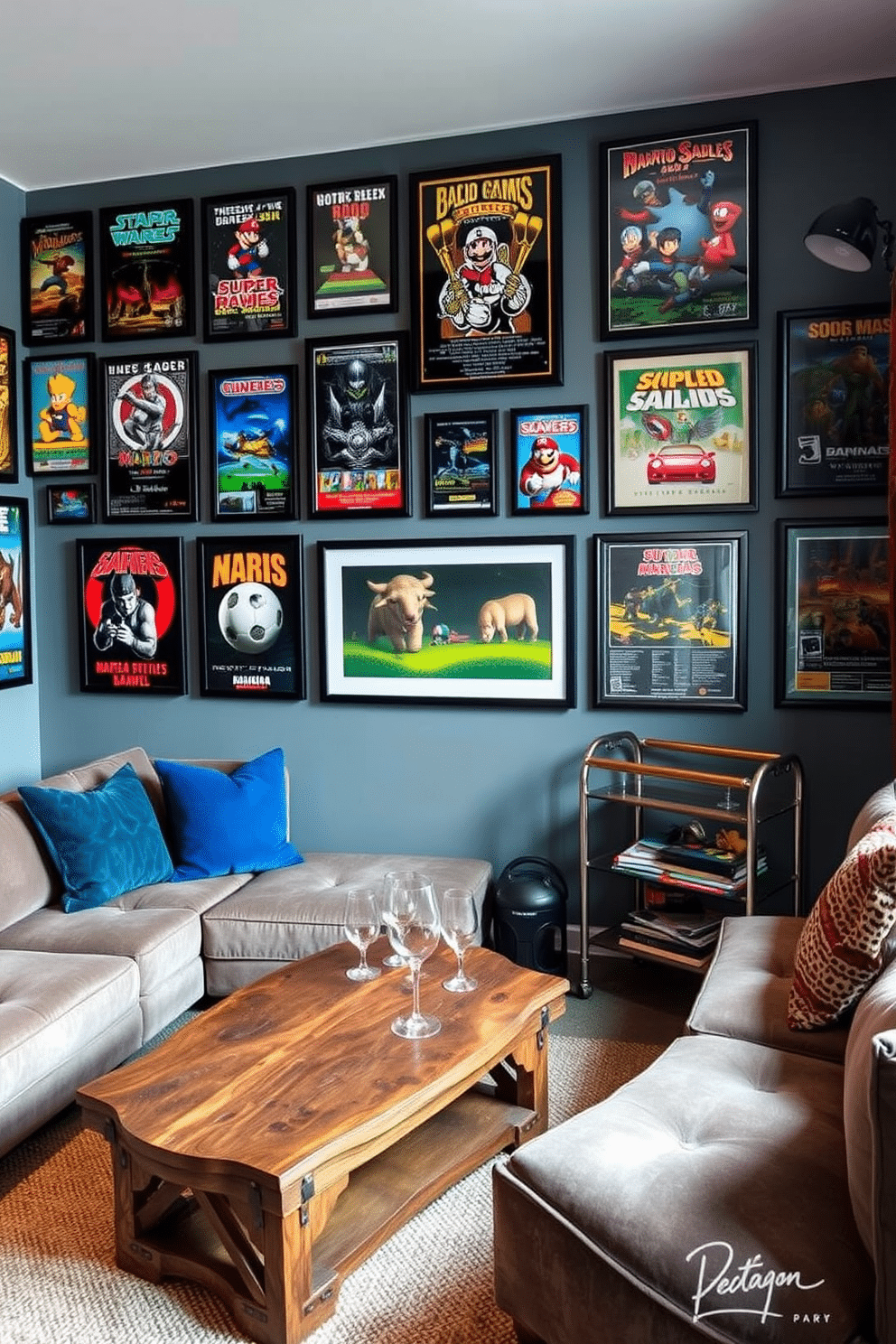 A stylish man cave featuring a wall-mounted vintage game art collection. The walls are adorned with framed classic game posters in various sizes, creating an eye-catching focal point in the room. The space is furnished with a plush sectional sofa and a rustic coffee table, providing a comfortable spot for gaming sessions. Ambient lighting highlights the artwork, while a sleek bar cart in the corner offers refreshments for guests.