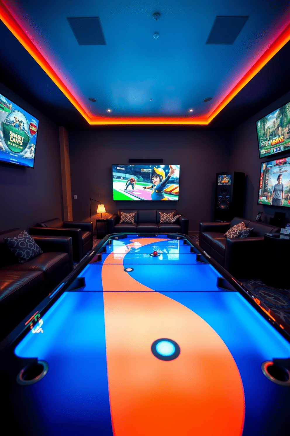 A dynamic gaming man cave featuring an interactive game table designed for multiplayer fun. The room is equipped with comfortable seating, ambient lighting, and wall-mounted screens displaying various games.