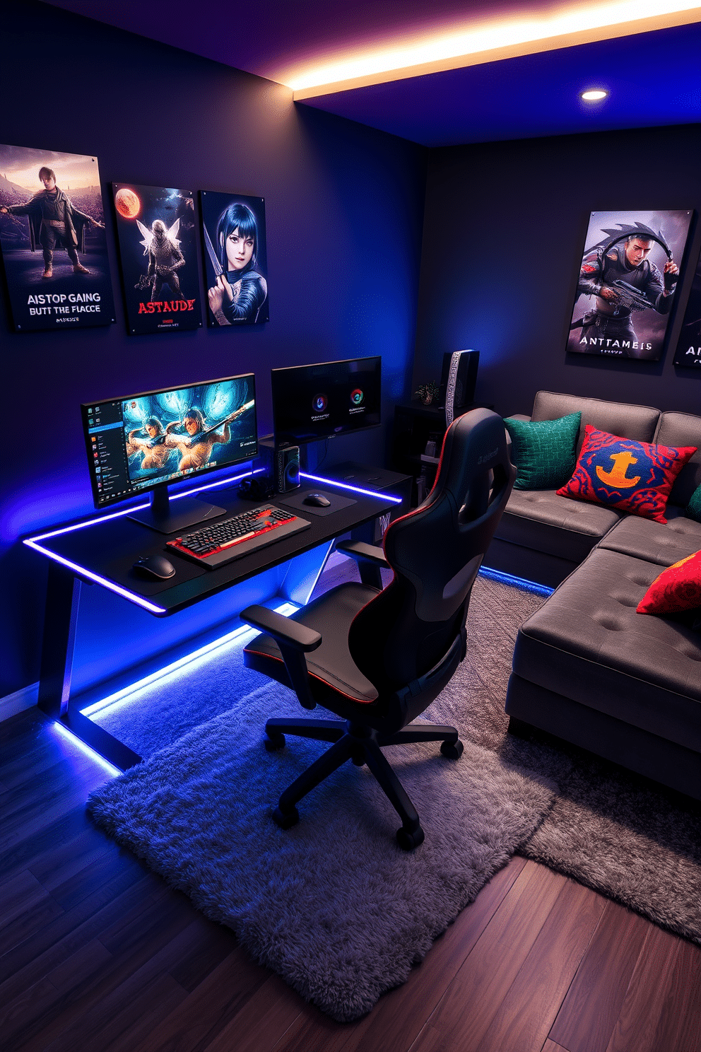 A modern gaming setup featuring LED strip lights that illuminate the edges of a sleek black desk. The desk is equipped with dual monitors, a high-end gaming keyboard, and a comfortable ergonomic chair, all set against a backdrop of dark, moody walls adorned with gaming posters. To the side, a cozy lounge area includes a plush sectional sofa with vibrant throw pillows, perfect for relaxing during gaming breaks. The floor is covered with a soft area rug, and ambient lighting enhances the atmosphere, creating an inviting man cave vibe.