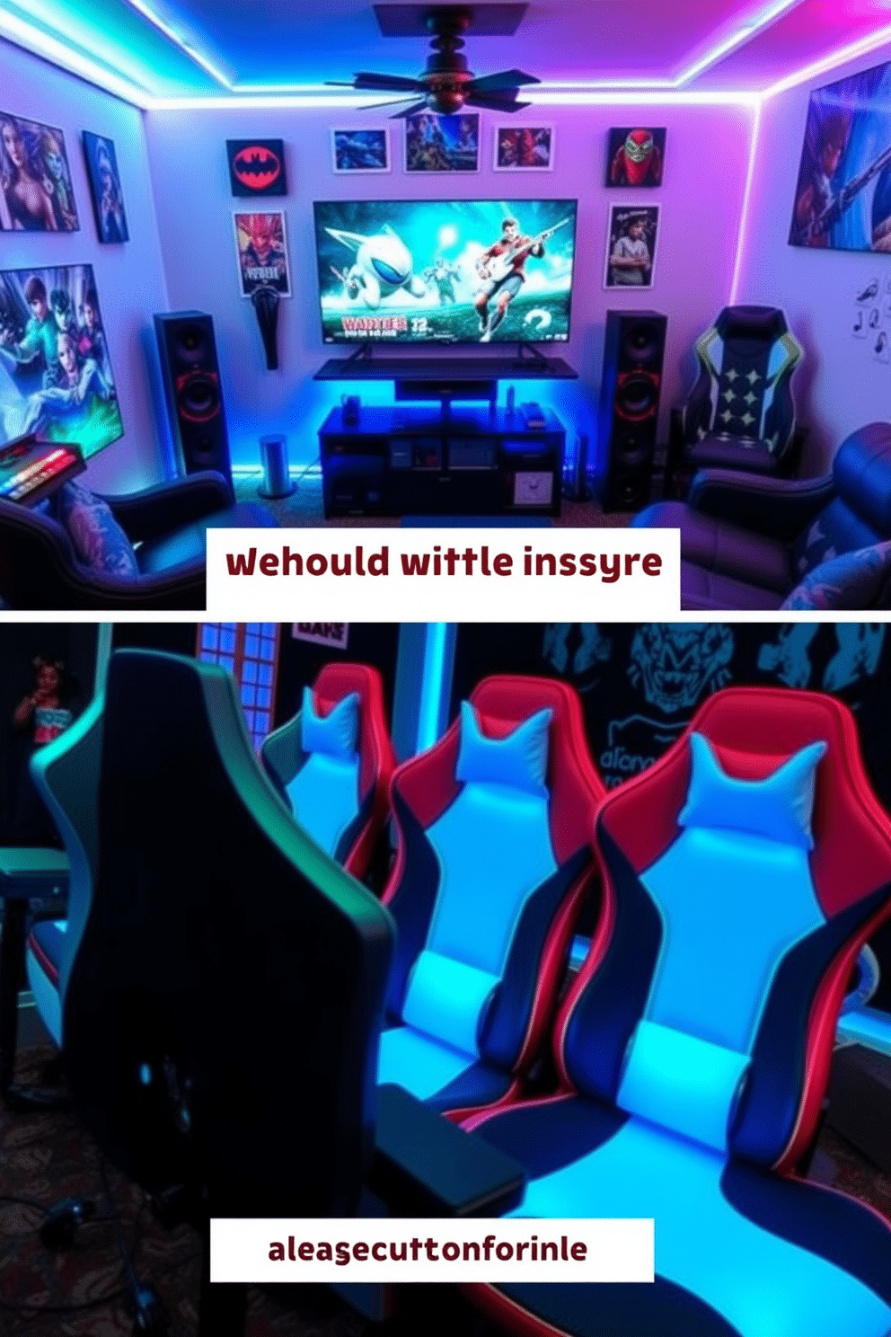 Themed gaming chairs designed for ultimate comfort feature ergonomic shapes with plush cushioning, available in vibrant colors and patterns that reflect popular gaming franchises. Each chair is equipped with adjustable armrests and lumbar support, ensuring hours of comfortable gameplay. The gaming man cave is a dedicated space that combines style and functionality, showcasing a large screen for gaming and immersive sound systems. The room is adorned with themed decor, including wall art, LED lighting, and comfortable seating arrangements, creating an inviting atmosphere for both gaming and relaxation.