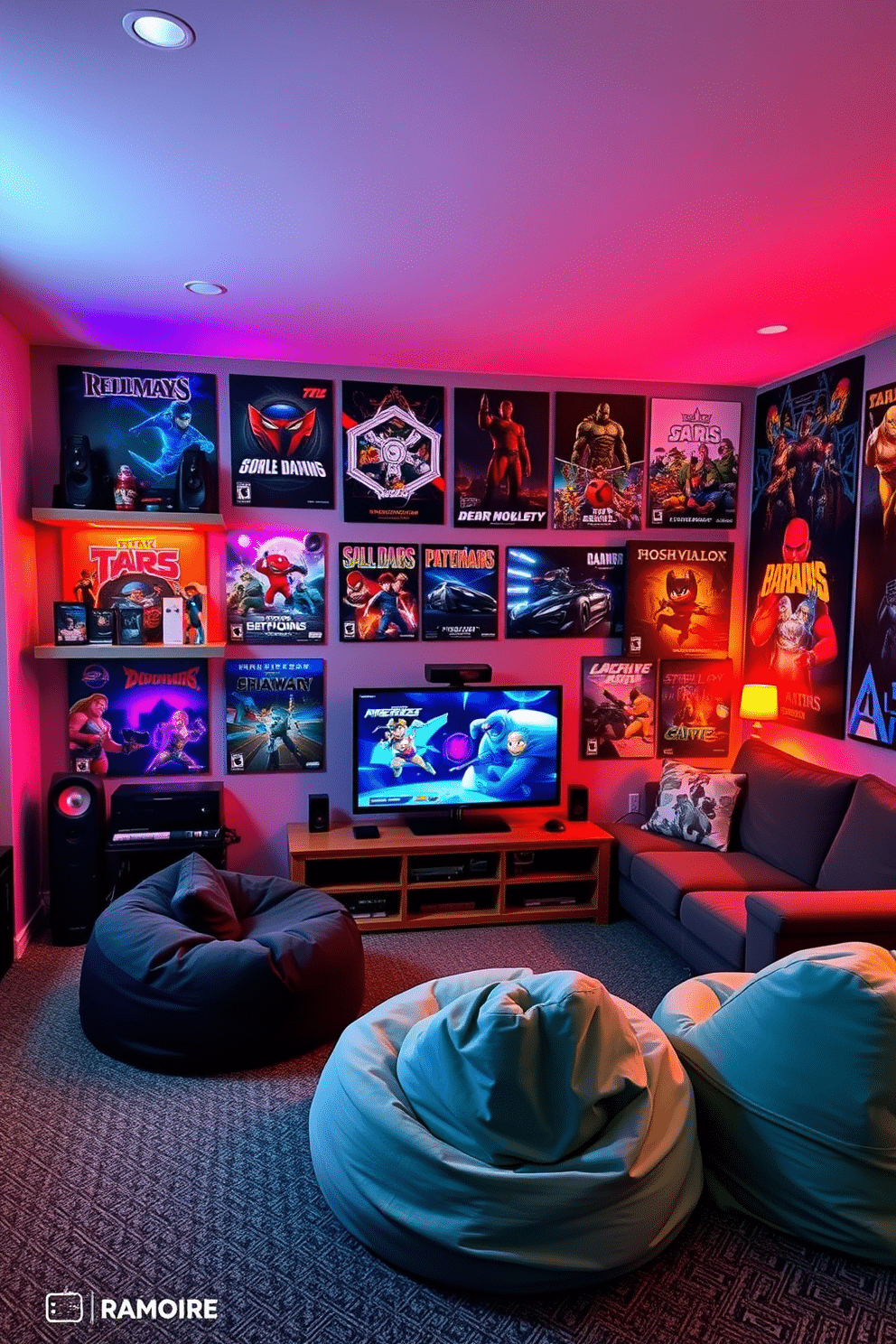 A dynamic gaming wall adorned with vibrant posters showcasing iconic video games creates an immersive atmosphere. The wall features shelves filled with collectibles and gaming gear, enhancing the overall aesthetic of the space. The man cave is designed with cozy seating arrangements, including a plush sectional and bean bags for a relaxed vibe. Ambient lighting and a large screen for gaming set the perfect mood for entertaining friends or enjoying solo gaming sessions.