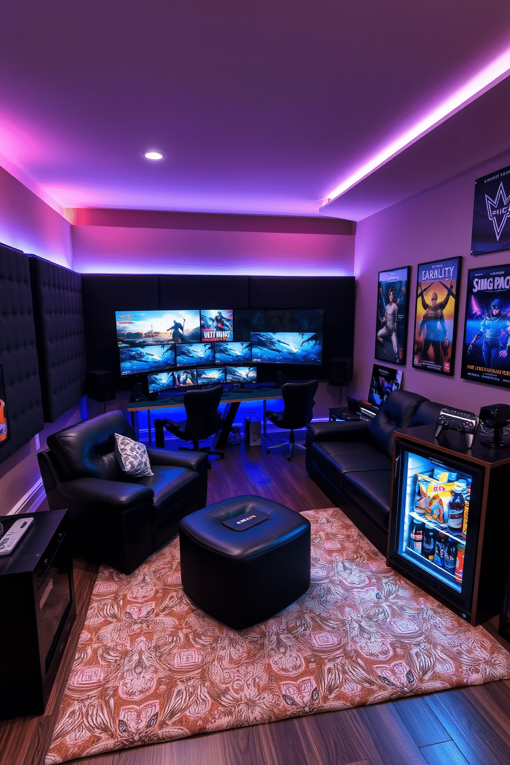 A modern gaming man cave featuring soundproofing panels on the walls to enhance the immersive experience. The room includes a large sectional sofa in dark leather, a sleek gaming desk with multiple monitors, and ambient LED lighting that changes colors to match the mood. The walls are adorned with framed artwork and posters of popular video games, creating a vibrant atmosphere. A plush area rug in a geometric pattern adds comfort underfoot, while a mini-fridge stocked with snacks and drinks sits conveniently nearby for easy access during gaming sessions.