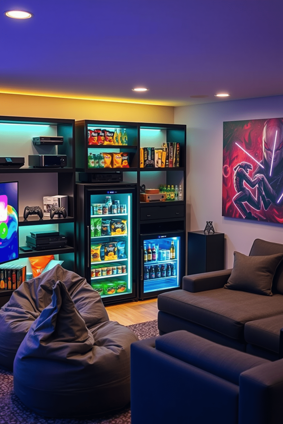 A mini fridge is seamlessly integrated into a stylish gaming man cave, surrounded by sleek black shelves filled with an array of snacks and drinks. The ambient lighting casts a warm glow, highlighting the modern gaming consoles and comfortable seating arrangements. The walls are adorned with vibrant gaming artwork, creating an energetic atmosphere perfect for relaxation and entertainment. Plush bean bags and a large sectional sofa invite friends to gather and enjoy gaming sessions in comfort.