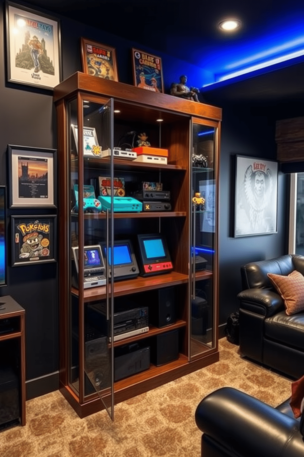 A vintage game console showcase shelf features a sleek wooden design with glass doors, allowing the colorful consoles and accessories to be displayed prominently. The shelf is adorned with retro gaming memorabilia, including framed posters and collectible figurines, creating a nostalgic atmosphere. The gaming man cave is designed with dark, rich colors and comfortable seating to enhance the immersive experience. Ambient lighting highlights the gaming area, while soundproofing elements ensure an uninterrupted gaming session.