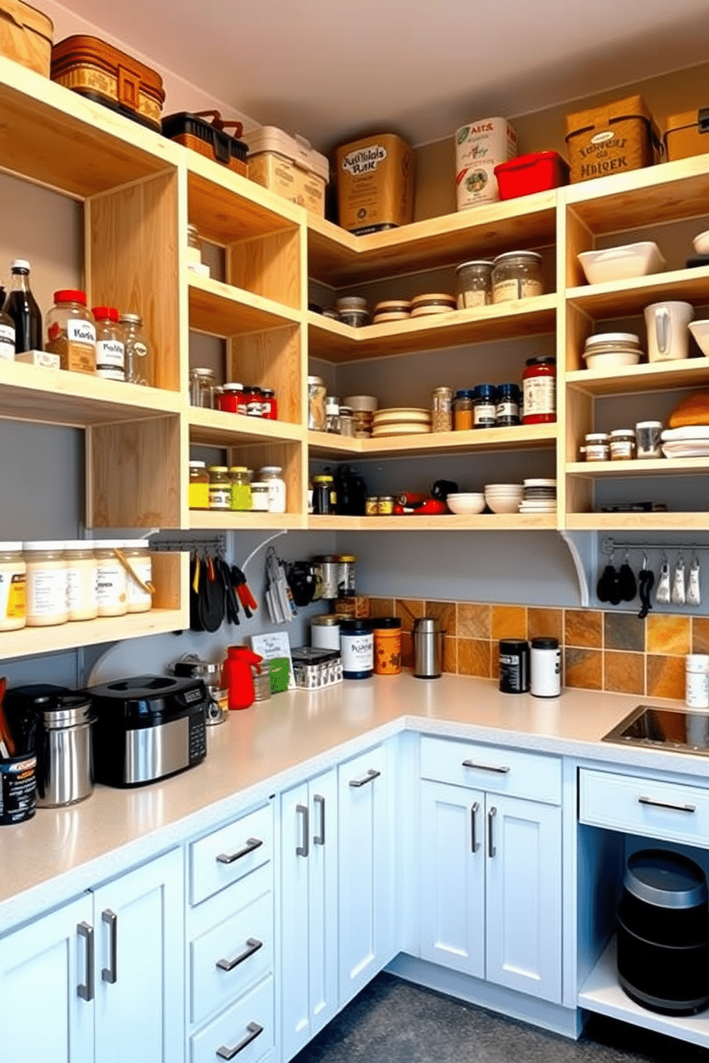 Open shelving lines the walls of a spacious garage pantry, allowing for easy access to frequently used items. The shelves are made of sturdy wood, painted in a crisp white finish, and are filled with organized jars, containers, and tools for a tidy appearance. A large countertop stretches across one side of the pantry, providing ample space for meal prep and storage of larger appliances. The walls are painted a soft gray, complementing the natural wood tones of the shelves, while a vibrant backsplash adds a pop of color and personality to the space.