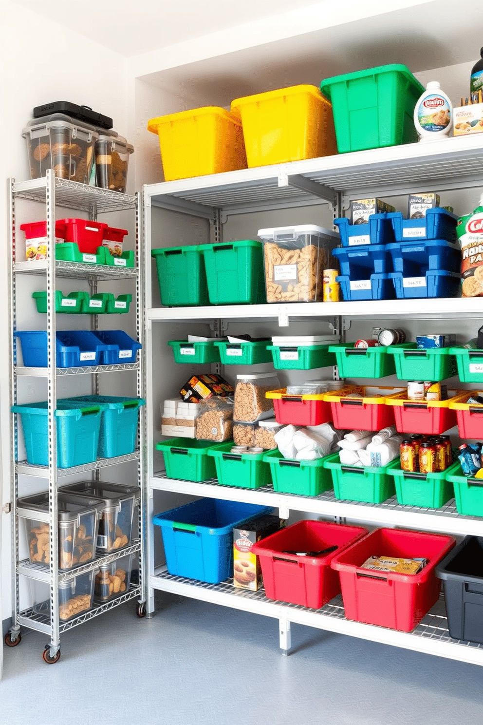 A modern garage pantry featuring color-coded bins for easy categorization, neatly arranged on sturdy shelving units. The walls are painted in a bright white, enhancing the organization and accessibility of the space, with durable flooring that withstands heavy use.