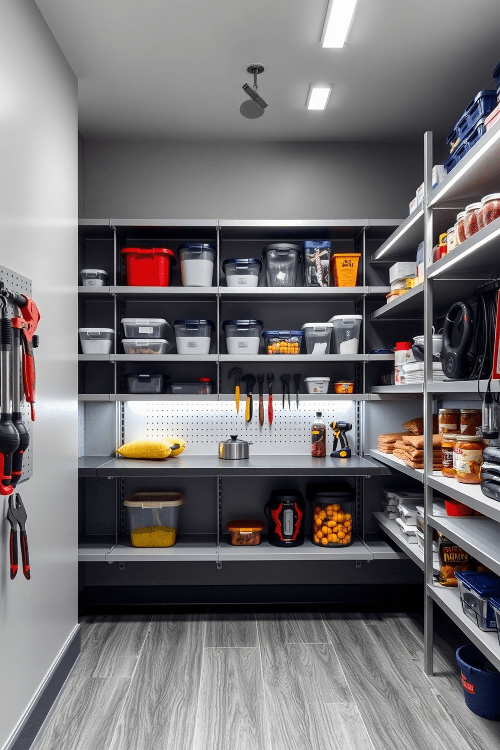 A modern garage pantry featuring sleek shelving units with LED strip lights illuminating the space. The walls are painted in a light gray, and the floor is finished with durable vinyl planks for easy maintenance. Storage containers in various sizes are neatly organized on the shelves, showcasing a blend of functionality and style. A small work surface is included for food prep, complemented by a wall-mounted pegboard for tools and accessories.