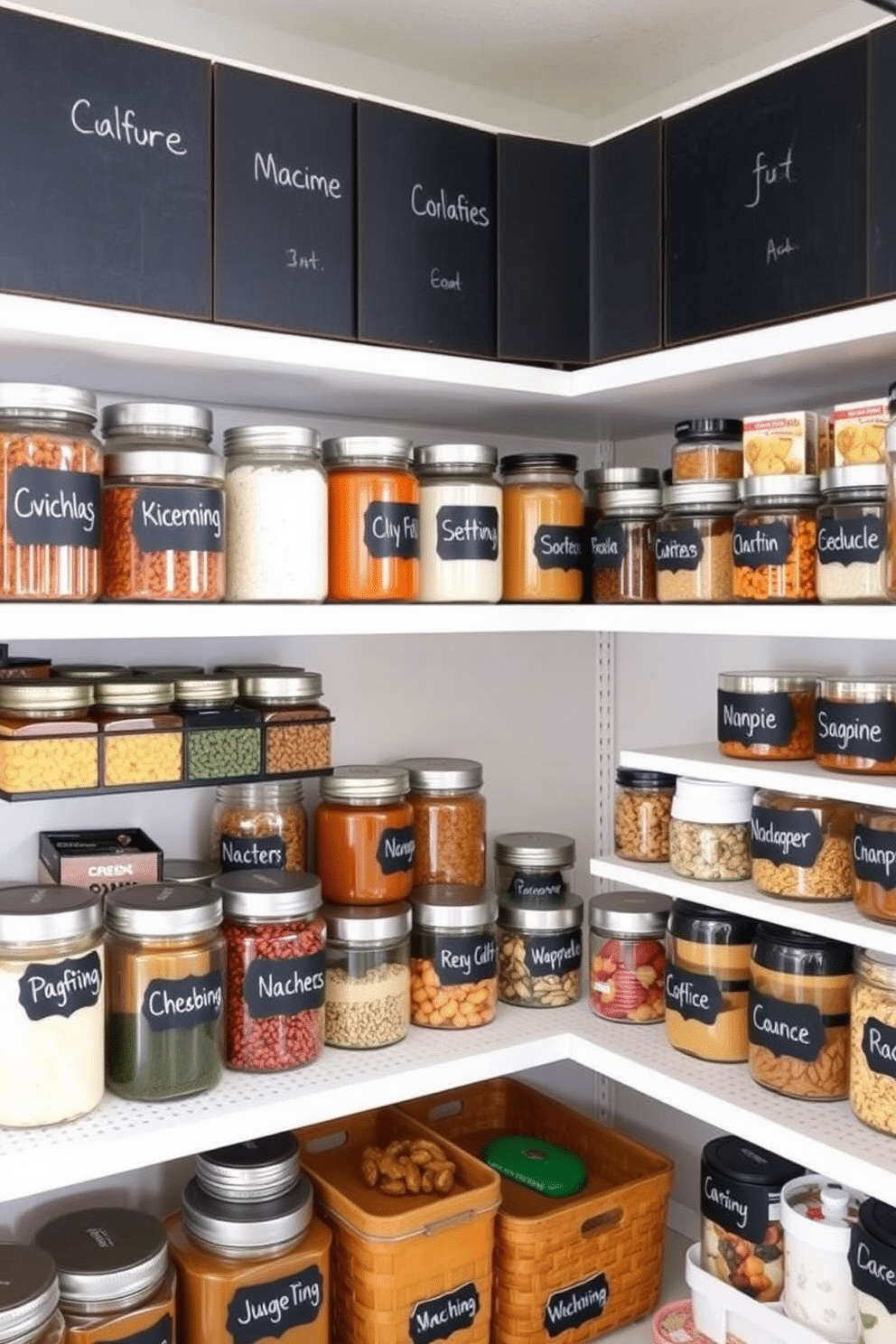 A garage pantry featuring a series of chalkboard labels for easy identification of items. The shelves are neatly organized with labeled jars and containers, creating a functional and visually appealing storage solution.