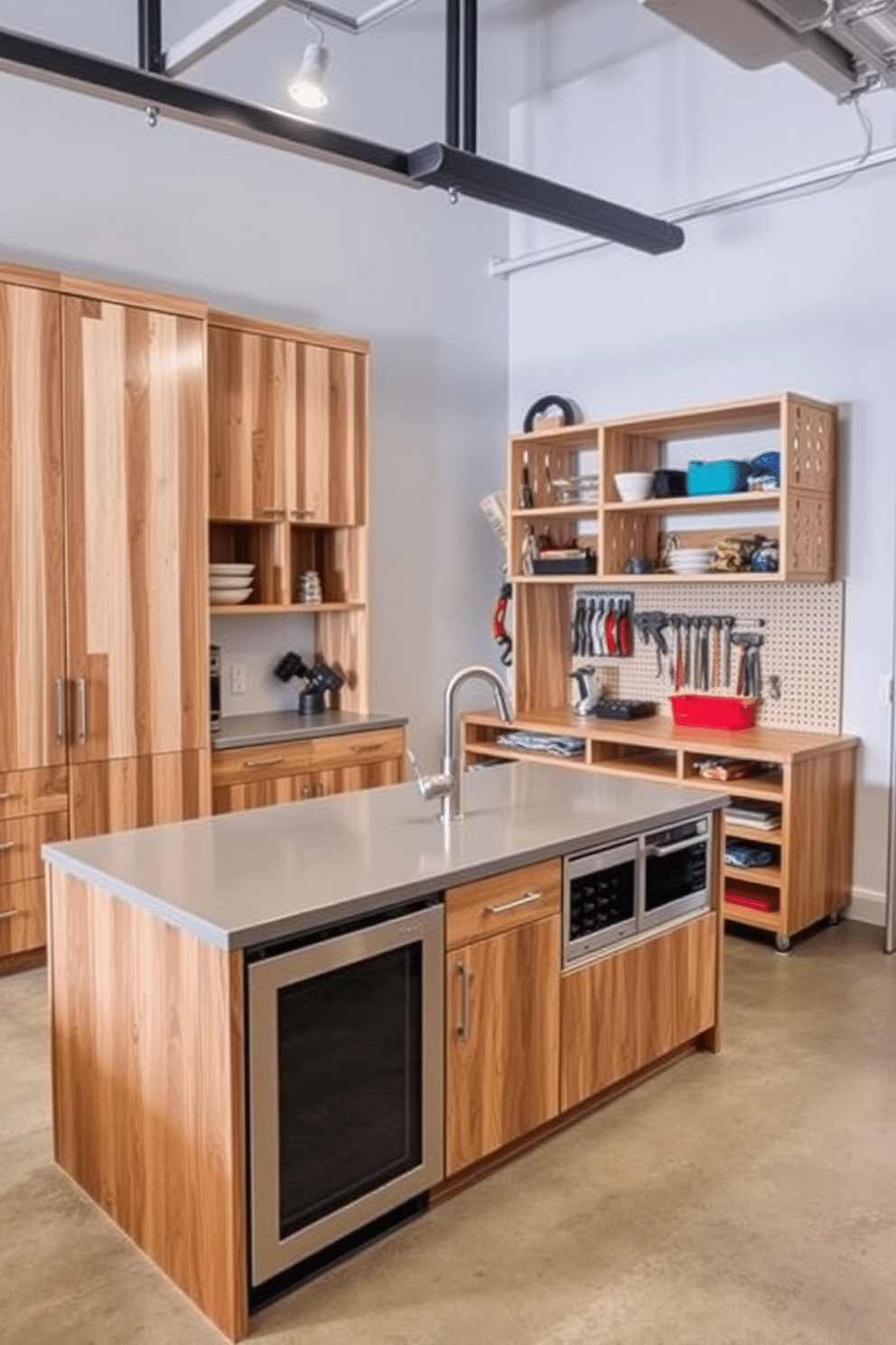 A sleek, multi-functional island designed for a modern kitchen features a spacious countertop with integrated storage and seating options. The island includes built-in appliances, such as a wine cooler and a microwave, seamlessly blending functionality with style. In the garage pantry, shelving units are crafted from reclaimed wood, providing ample space for organized storage of tools and supplies. The design incorporates a pegboard for hanging items, maximizing efficiency while maintaining a clean and tidy appearance.