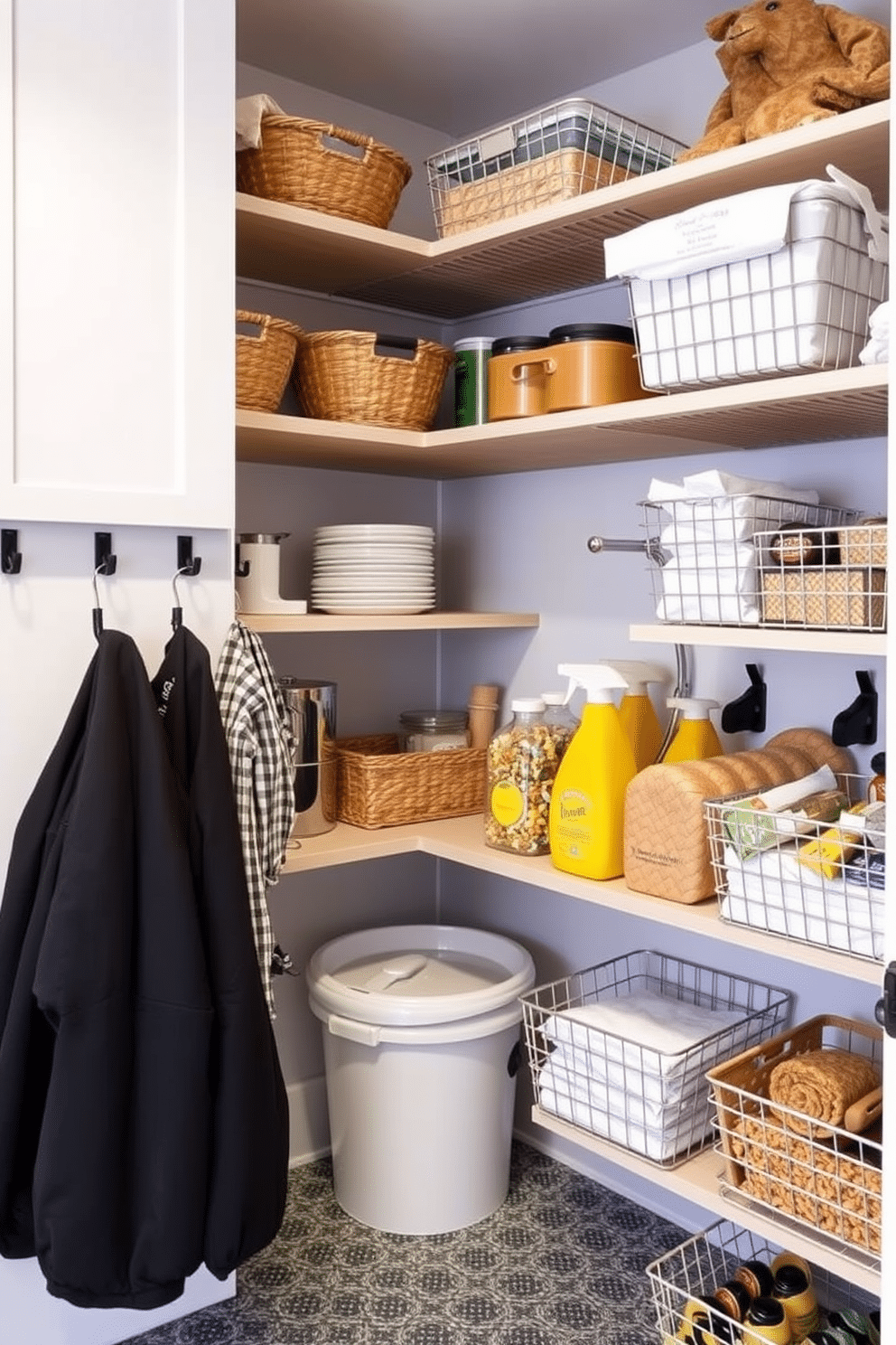 A stylish garage pantry featuring wire baskets for breathable storage. The design includes open shelving and hooks for easy access to frequently used items, creating an organized and inviting space.