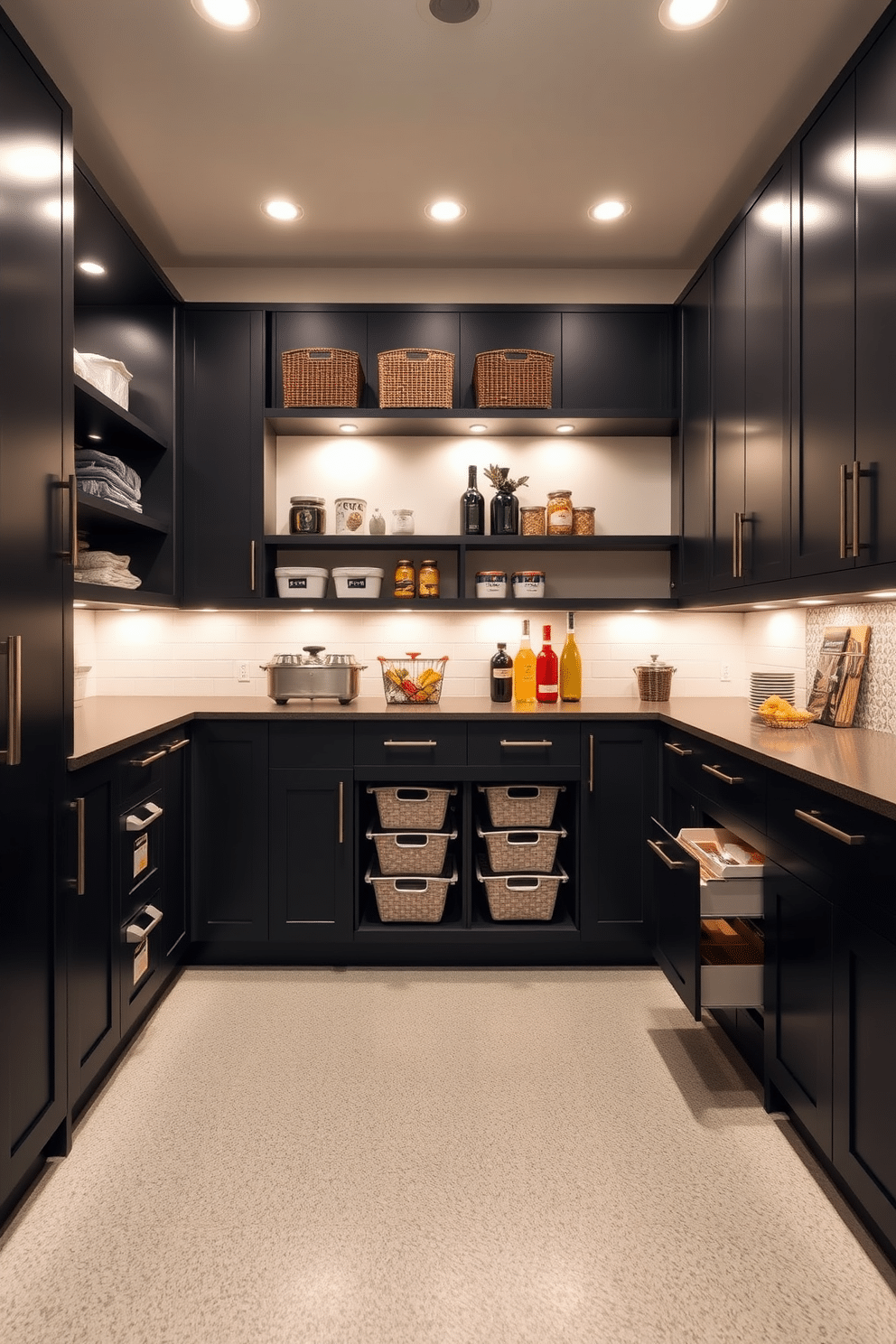 A sleek garage pantry featuring custom cabinetry with a matte black finish and open shelving for easy access to essentials. The space is illuminated by recessed lighting that creates a warm, inviting ambiance, highlighting the organized layout and stylish decor. Functional storage solutions include labeled bins and pull-out drawers, maximizing space efficiency while maintaining a clean aesthetic. A small countertop area allows for meal prep and includes a stylish backsplash that complements the overall design.