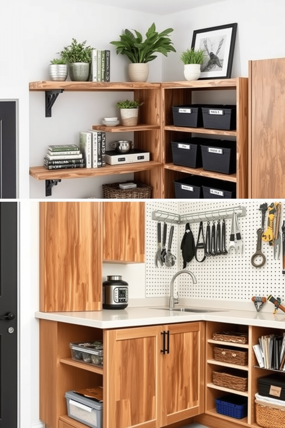 A stylish corner shelf design that utilizes the space efficiently, featuring a combination of open and closed storage options. The shelves are made of reclaimed wood, with decorative brackets that add a rustic charm, and are adorned with plants and books. An organized garage pantry with custom cabinetry that maximizes storage space, including pull-out shelves and labeled bins for easy access. The design incorporates a sleek countertop for meal prep, with a pegboard wall for hanging tools and accessories, creating a functional yet aesthetically pleasing area.