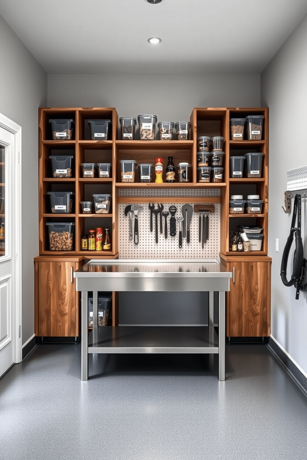 A modern garage pantry featuring stackable containers for efficient use. The walls are painted in a soft gray, and the floor is a durable epoxy finish, providing both style and functionality. Open shelving units made of reclaimed wood hold clear, labeled stackable containers filled with various pantry staples. A sleek, stainless steel workbench is positioned in the center, complemented by a pegboard wall for hanging tools and accessories.