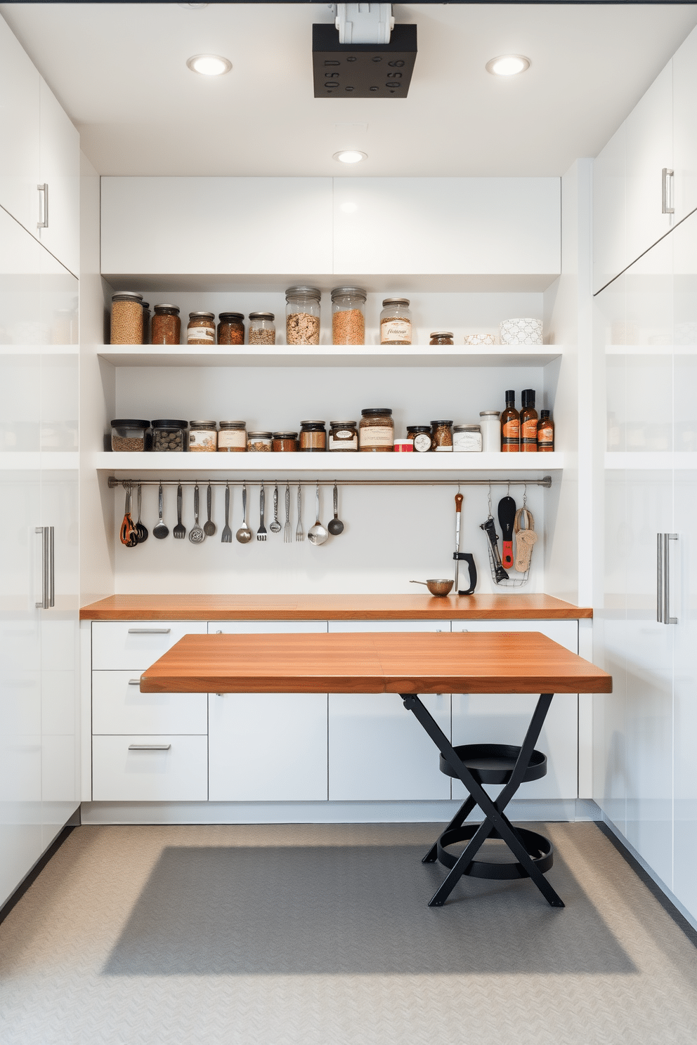 A modern garage pantry featuring a fold-down table that can be easily stowed away when not in use. The table is crafted from sleek wood, complementing the bright white cabinetry that lines the walls, providing ample storage for tools and supplies. The pantry is illuminated by recessed lighting, creating a clean and functional workspace. Open shelving above the table displays neatly organized jars and containers, adding a touch of style to the practical design.