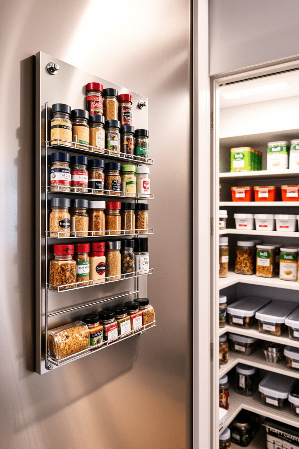 A magnetic spice rack is mounted on a sleek, stainless steel wall, showcasing a variety of colorful spice jars for easy access and organization. The rack features a minimalist design with a modern aesthetic, complementing the contemporary kitchen decor. The garage pantry is designed with open shelving and labeled containers, maximizing storage space while keeping items easily visible. Soft LED lighting illuminates the pantry, creating a welcoming atmosphere for meal prep and organization.