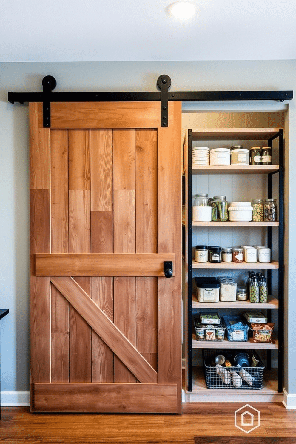 A sliding barn door adds rustic charm and warmth to any space, featuring a weathered wood finish that complements the surrounding decor. The door slides effortlessly along a metal track, creating a seamless transition between rooms while enhancing the overall aesthetic. For a garage pantry design, consider open shelving to maximize storage and accessibility, showcasing neatly organized jars and containers. Incorporate a work surface for meal prep, paired with stylish lighting to create an inviting and functional atmosphere.