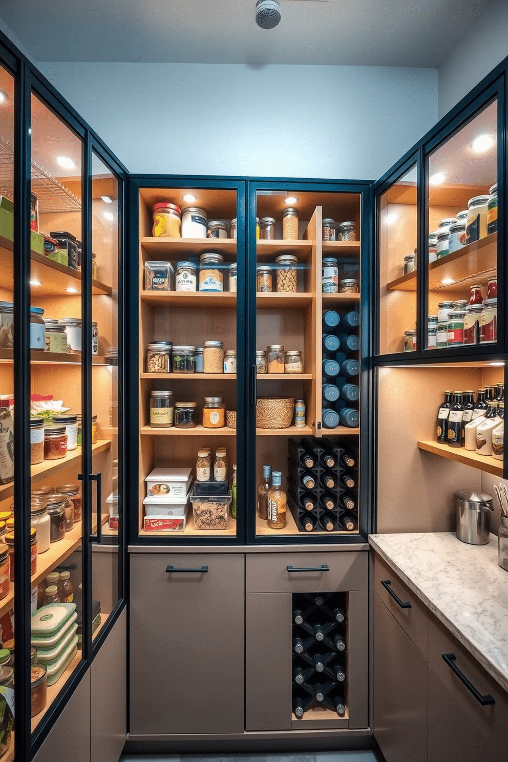 A stylish garage pantry features glass front cabinets that showcase an array of neatly organized jars and containers filled with snacks and ingredients. The cabinets are framed in sleek black metal, contrasting beautifully with the warm wood shelving and the soft ambient lighting that highlights the displayed items. Incorporating a functional layout, the garage pantry includes a spacious countertop for meal prep and a built-in wine rack for easy access. The walls are painted in a light, airy color, enhancing the overall brightness and creating an inviting atmosphere for culinary creativity.