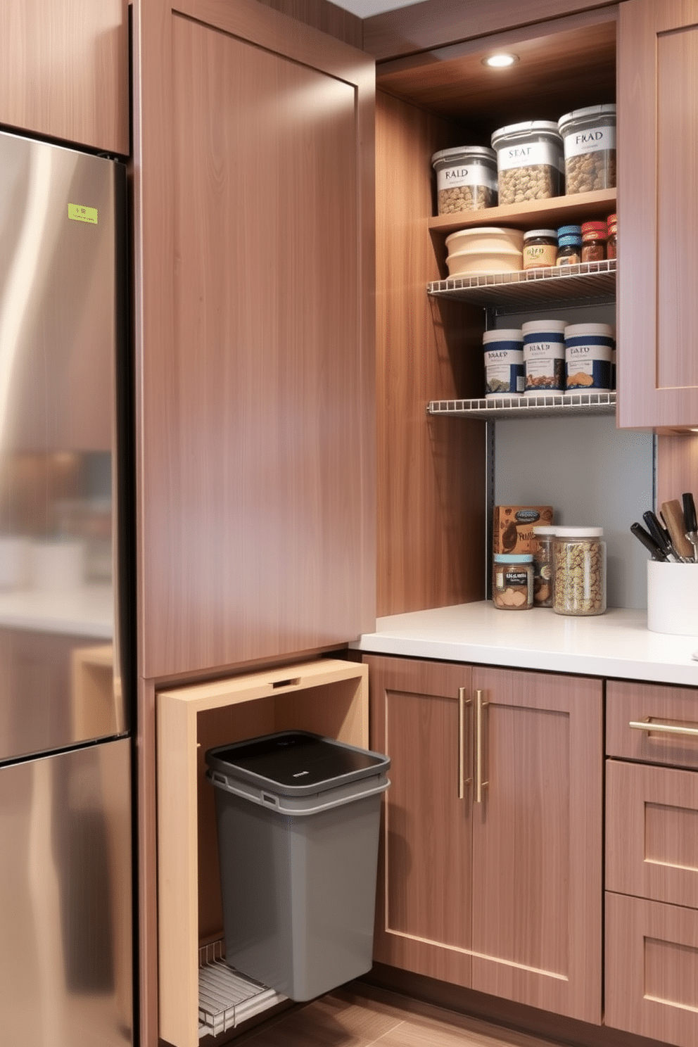 A hidden trash bin is seamlessly integrated into the cabinetry, ensuring a clutter-free kitchen environment. The sleek design features a pull-out mechanism that allows for easy access while maintaining a polished look. The garage pantry is organized with adjustable shelving and labeled containers, maximizing storage efficiency. A dedicated space for bulk items and a small countertop for meal prep enhances functionality and accessibility.