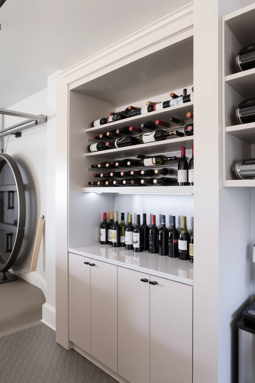 A modern garage pantry featuring a sleek, built-in wine rack that elegantly displays an assortment of bottles. The pantry is designed with open shelving for easy access, complemented by a stylish countertop for meal prep and storage.