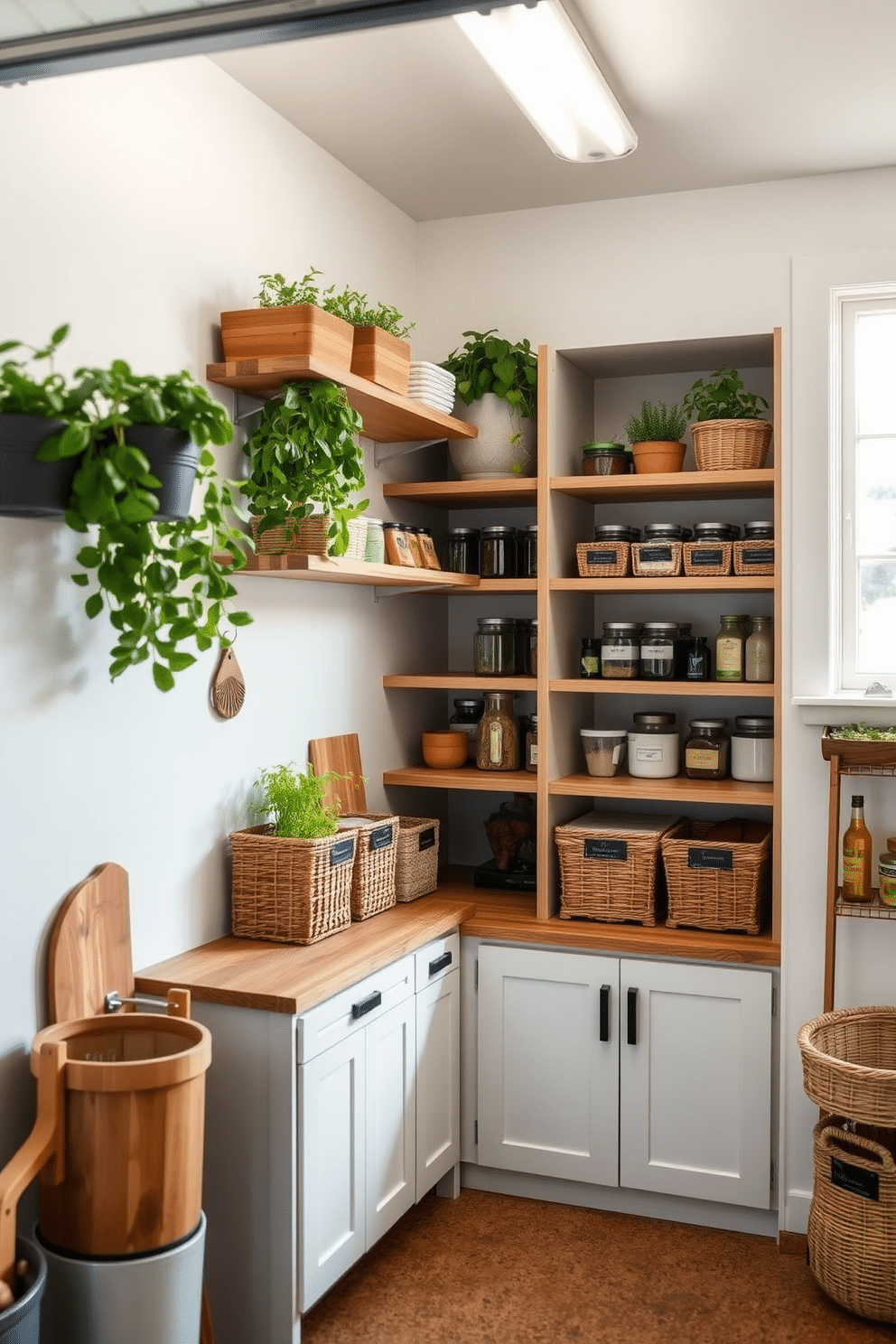 A modern garage pantry featuring sustainable materials such as reclaimed wood shelving and bamboo storage bins. The walls are painted in a soft white, enhancing the natural light that floods in through a large window, while potted herbs add a touch of greenery. The pantry includes energy-efficient LED lighting and a stylish cork flooring that complements the eco-friendly theme. Organized and functional, it showcases a blend of practicality and aesthetic appeal, with labeled jars and baskets for easy access to ingredients.