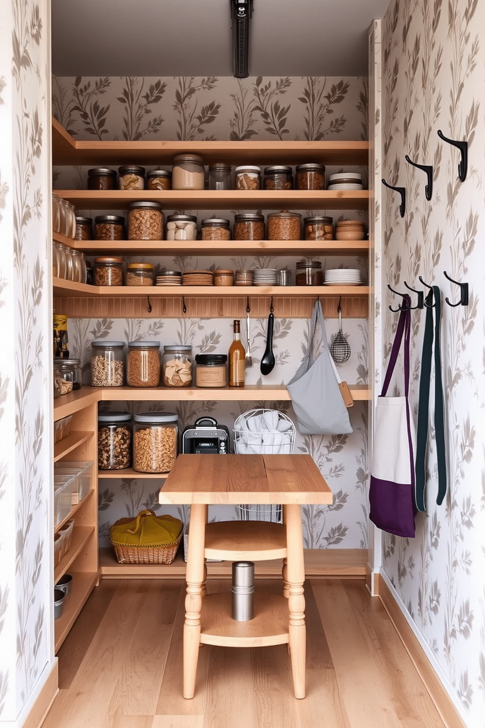 A cozy garage pantry with decorative wallpaper featuring a botanical print, adding a personal touch to the space. The pantry shelves are neatly organized with glass jars filled with dry goods, and a small wooden table sits in the center for meal prep. The walls are adorned with a soft pastel wallpaper that complements the natural wood tones of the pantry. Stylish hooks are mounted on the wall to hold aprons and kitchen tools, creating a functional yet aesthetically pleasing environment.