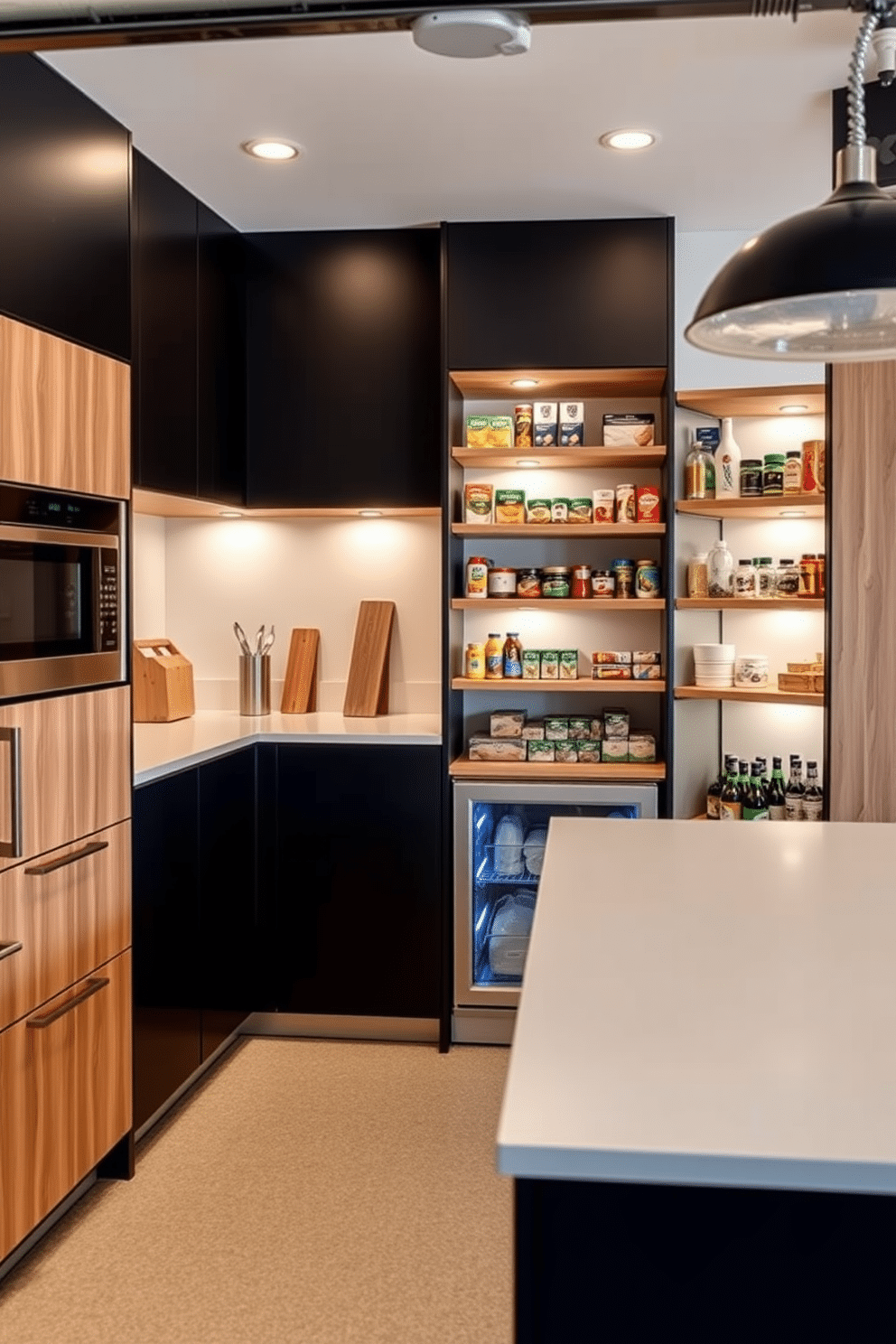 A modern garage pantry featuring integrated appliances for a seamless design. The cabinetry is sleek and minimalistic, with a combination of matte black and natural wood finishes, providing ample storage space while maintaining a clean aesthetic. The pantry includes a built-in refrigerator and microwave, seamlessly blending into the cabinetry. Soft, ambient lighting illuminates the space, highlighting the organized shelves stocked with neatly arranged pantry essentials.