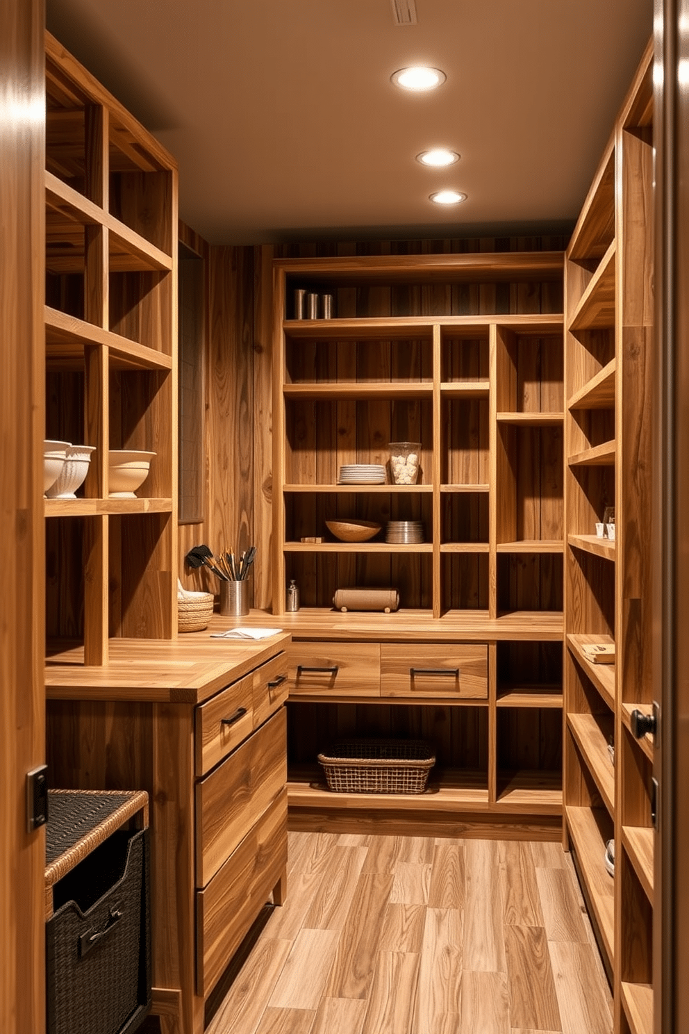 A garage pantry designed with natural wood finishes creates a warm and inviting atmosphere. The shelving units are crafted from reclaimed wood, providing both durability and a rustic charm. The pantry features a spacious layout with ample storage, including deep drawers and open shelving for easy access to essentials. Soft LED lighting highlights the wood grain, enhancing the overall texture and warmth of the space.