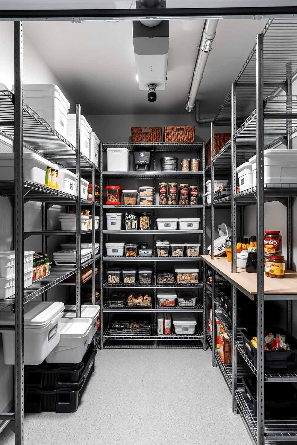 A modern garage pantry featuring adjustable shelving that allows for flexible storage solutions. The shelves are made of sleek metal, providing a clean and industrial look, while a variety of containers and baskets are organized neatly for easy access. The walls are painted in a light gray to enhance the spacious feel, and the floor is finished with durable epoxy for easy cleaning. Ambient LED lighting illuminates the space, highlighting the organized pantry items and creating a welcoming atmosphere.