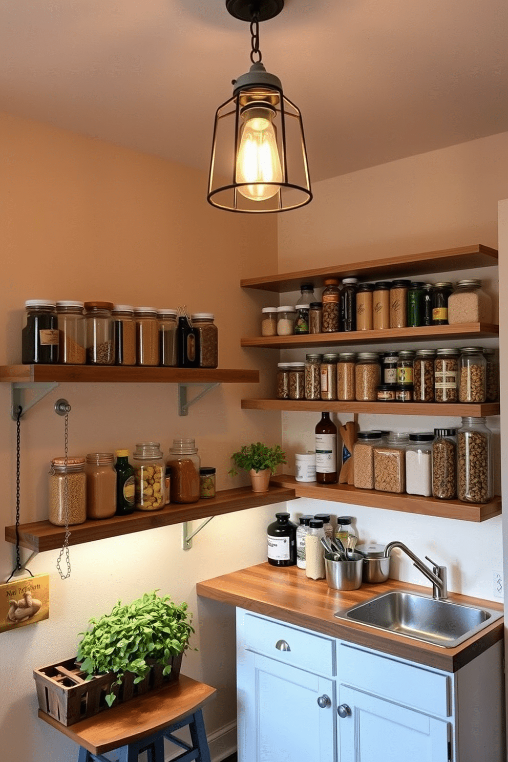 A warm and inviting garage pantry featuring soft mood lighting that creates a cozy atmosphere. The walls are painted in a soft beige, and open wooden shelves display neatly organized jars and containers filled with pantry staples. Incorporate a rustic wooden countertop for food prep, complemented by under-shelf lighting that highlights the contents. A vintage-style pendant light hangs from the ceiling, casting a warm glow over the space, while a small potted herb garden sits in the corner, adding a touch of greenery.