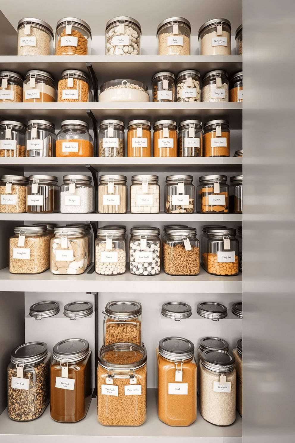 A sleek garage pantry features clear jars neatly arranged on open shelving, allowing for organized visibility of all contents. The jars are labeled with stylish, minimalist tags, enhancing the clean and modern aesthetic of the space.