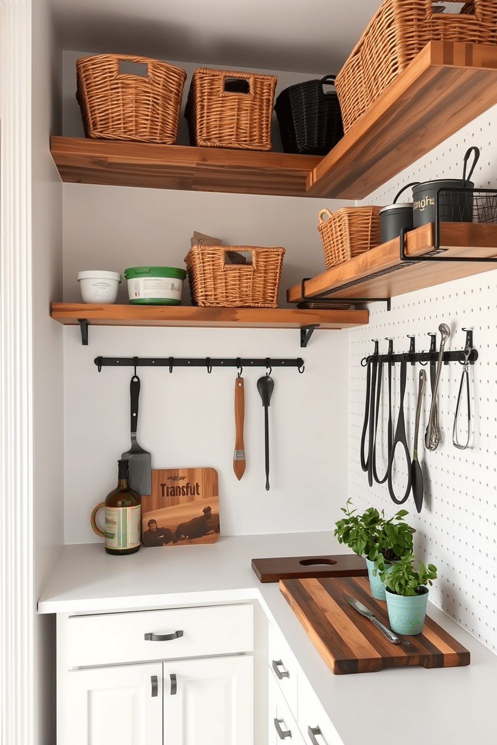 A garage pantry designed for optimal functionality features open shelving made of reclaimed wood, allowing easy access to stored items. The walls are painted a crisp white, creating a bright and airy feel, while decorative baskets in various sizes add a touch of aesthetic appeal. Incorporate a combination of hooks and pegboards for hanging tools and utensils, ensuring everything has its place. A small countertop area with a stylish cutting board provides a practical space for food prep, complemented by potted herbs for a pop of greenery.