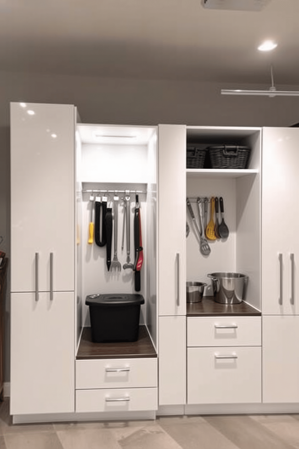 A modern garage pantry featuring built-in cabinets that seamlessly blend with the wall, providing ample storage space for kitchen essentials and tools. The cabinets are finished in a high-gloss white with sleek silver handles, creating a clean and minimalist aesthetic. The pantry includes open shelving above for easy access to frequently used items, complemented by stylish baskets for organization. Soft LED lighting illuminates the space, enhancing the contemporary feel while ensuring functionality.