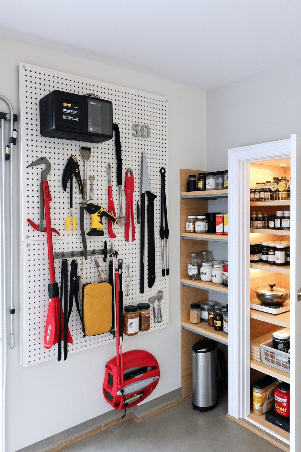 A pegboard wall is installed in the garage, providing a versatile hanging space for tools and equipment. The pegboard is painted in a bright color, enhancing the overall aesthetic while keeping everything organized and easily accessible. Adjacent to the pegboard, a pantry area features open shelving made from reclaimed wood, showcasing jars of spices and dry goods. The pantry is illuminated by warm LED lights, creating a welcoming atmosphere for meal prep and storage.