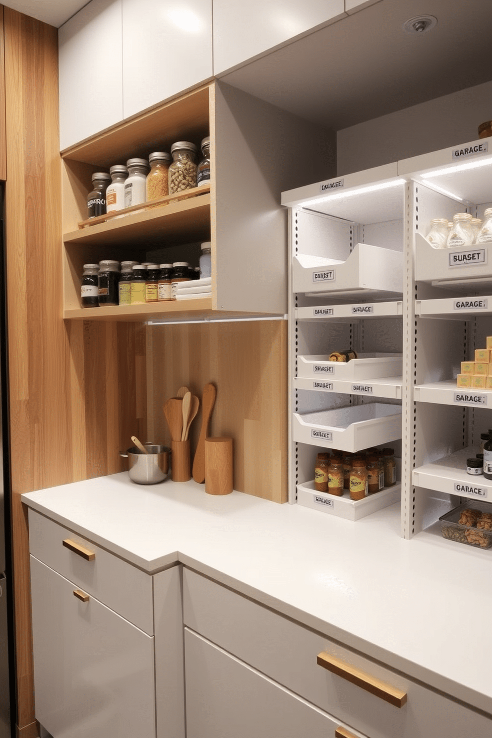 A compact countertop for a food prep area features a sleek, minimalist design with a smooth white surface, seamlessly integrated into the cabinetry. Above the countertop, open shelving displays neatly arranged jars of spices and cooking essentials, creating an inviting and functional workspace. The garage pantry is designed with efficient storage solutions, including modular shelving units that maximize vertical space. A combination of labeled bins and pull-out drawers ensures easy access to ingredients and tools, while soft LED lighting brightens the area for a modern touch.