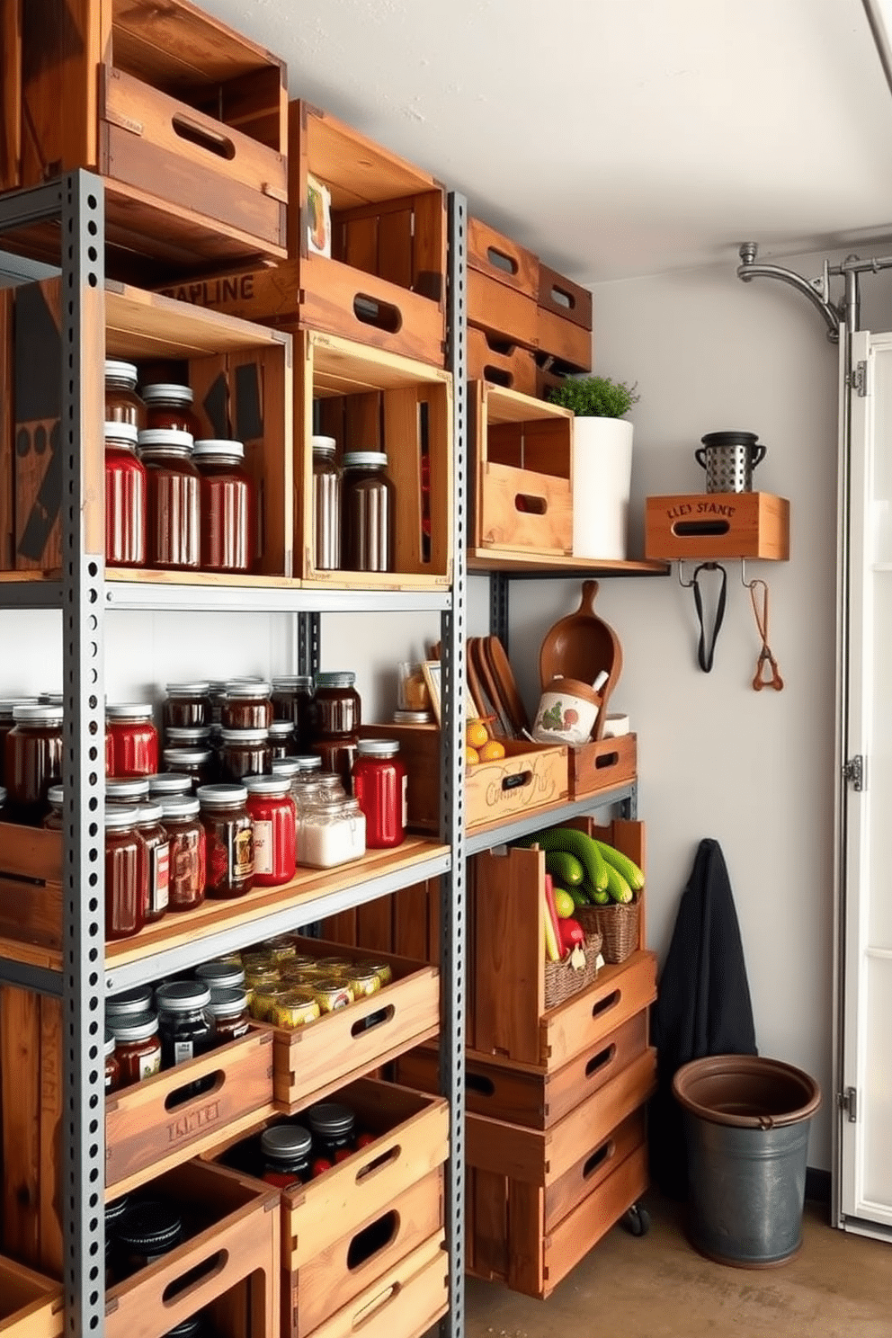 A charming garage pantry featuring vintage wooden crates arranged on sturdy shelves for stylish organization. The crates are filled with an array of colorful jars and produce, creating a rustic yet functional storage solution.