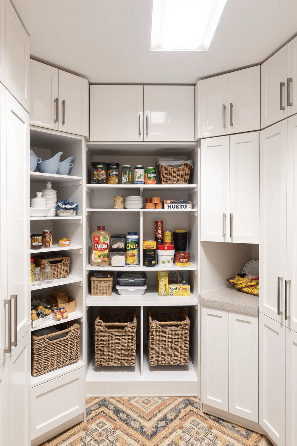 A functional garage pantry with overhead storage maximizes space while maintaining an organized appearance. The design features sleek, white cabinets that stretch to the ceiling, providing ample storage for bulk items and kitchen supplies. The pantry includes open shelving for easy access to frequently used items, complemented by stylish baskets for smaller goods. Bright LED lighting illuminates the space, enhancing visibility and creating a welcoming atmosphere.