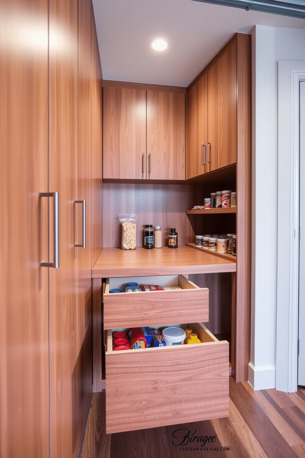 A stylish garage pantry featuring pull-out drawers for easy access to hidden pantry items. The design incorporates sleek cabinetry in a warm wood finish, complemented by modern metal handles for a contemporary look.