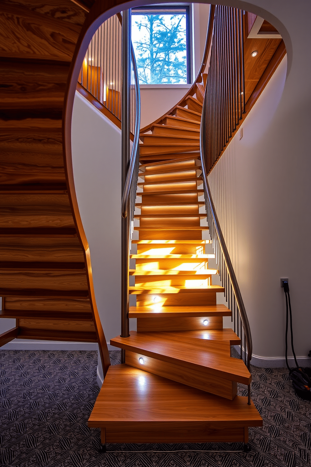 A stunning spiral staircase features elegant wooden treads that gracefully ascend, surrounded by a sleek metal railing. The staircase is illuminated by natural light streaming through a large window, highlighting the rich textures of the wood and creating a warm ambiance. The garage staircase design incorporates functional elements with style, featuring sturdy, slip-resistant steps made from durable materials. Soft LED lighting along the steps enhances safety while providing a modern touch to the overall aesthetic.