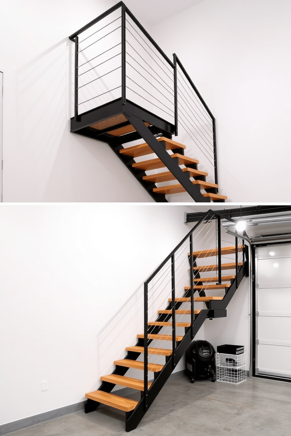 A compact foldable staircase designed for small spaces features sleek, modern lines and a minimalist aesthetic. The staircase folds neatly against the wall when not in use, maximizing floor space while providing a stylish and functional solution. For garage staircase design ideas, envision a robust, utilitarian staircase that blends seamlessly with the industrial aesthetic of the garage. Incorporate durable materials such as metal and wood, with ample lighting to enhance visibility and safety.